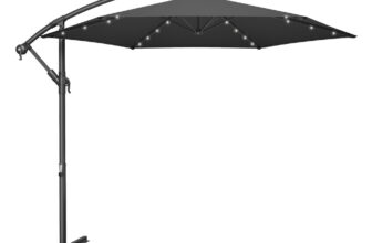 Sonnenschirm mit LED-Solar-Beleuchtung und Ständer, Grau / 300 cm