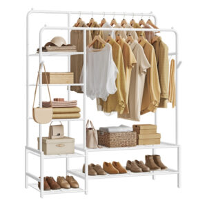 Offener Kleiderschrank mit Metallrahmen und mehreren Ebenen, weiß / 115,8B cm