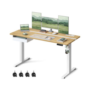 Höhenverstellbarer Schreibtisch elektrisch mit Steckdose und Schublade, Goldefarben + Wolkenweiß / 60 x 140 x (72-120) cm