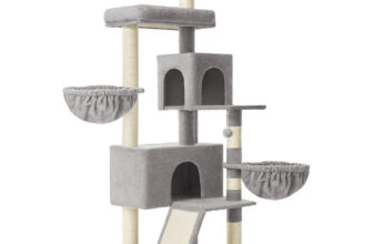Kratzbaum mit Plattform und Höhlen für glückliche Katzen, Taubengrau
