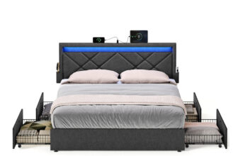 Metallbettgestell mit LED Beleuchtung Schubladen und Kopfteil, dunkelgrau / 180 x 200 cm