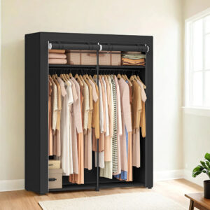 Kleiderschrank mit 2 Kleiderstangen faltbar, Schwarz