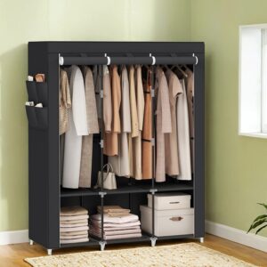 Stoffschrank mit 3 Kleiderstangen und 4 Seitentaschen, Schwarz