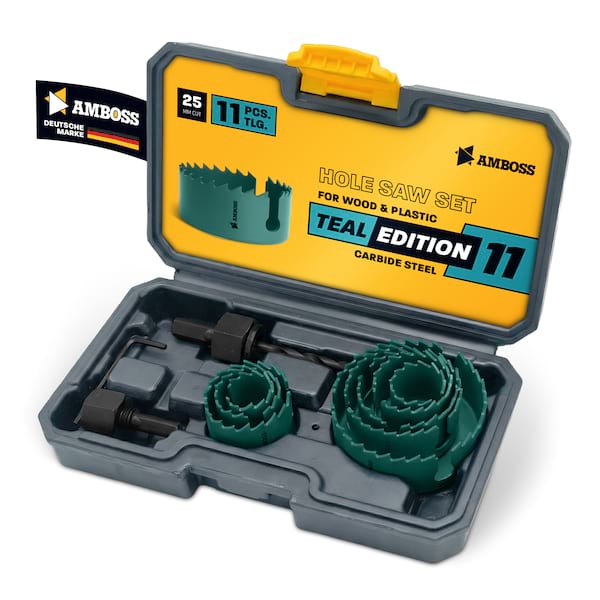 AMBOSS CS Teal Edition Lochsägen Set 11-tlg. Ø 22-68 mm – präzise Lochsäge Holz, Kunststoff & Plattenwerkstoffe