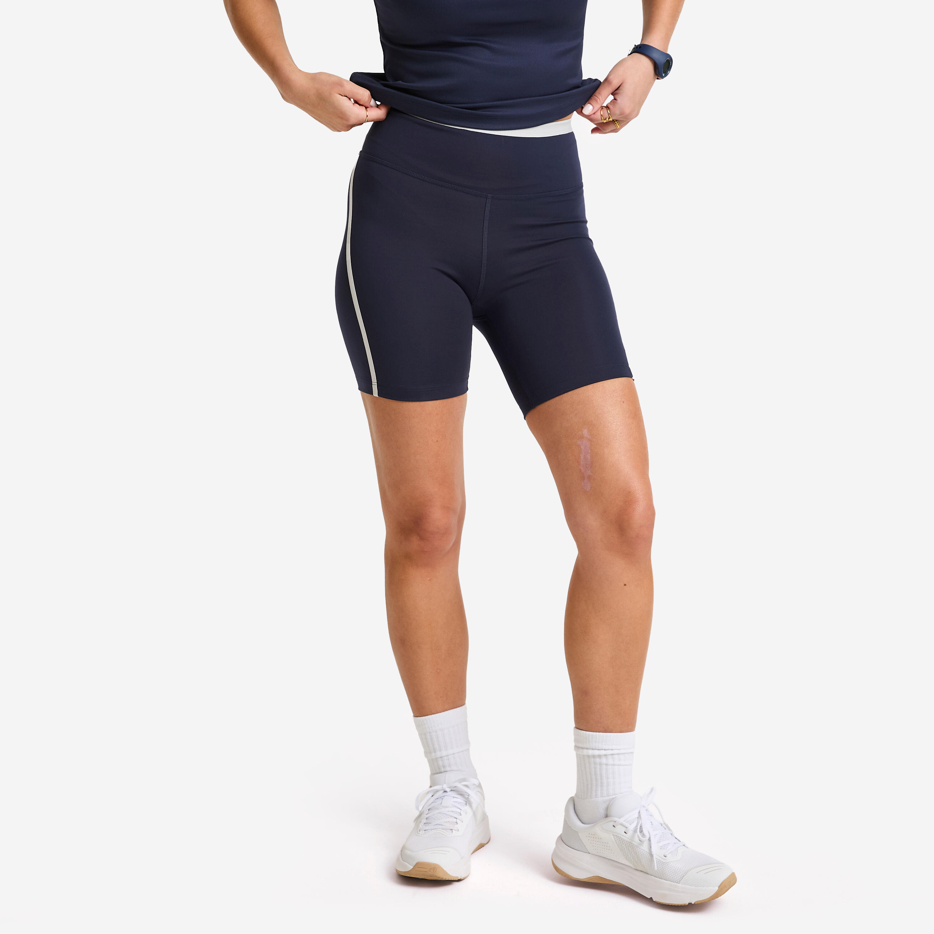 Tights kurz Radlerhose Damen Streifen – dunkelblau