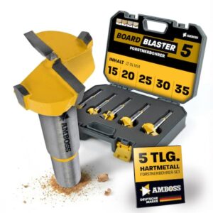 Forstnerbohrer Set 5‑tlg – Amboss Werkzeuge BOARDBLASTER Hartmetall Holzbohrer 15 / 20 / 25 / 30 / 35 mm