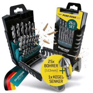 HSS Bohrer Pure Edge XC 26-tlg. Set 1-13 mm Bayerwald Werkzeuge – Xtra Clean mit Brad Point Zentrierspitze & Kegelsenker