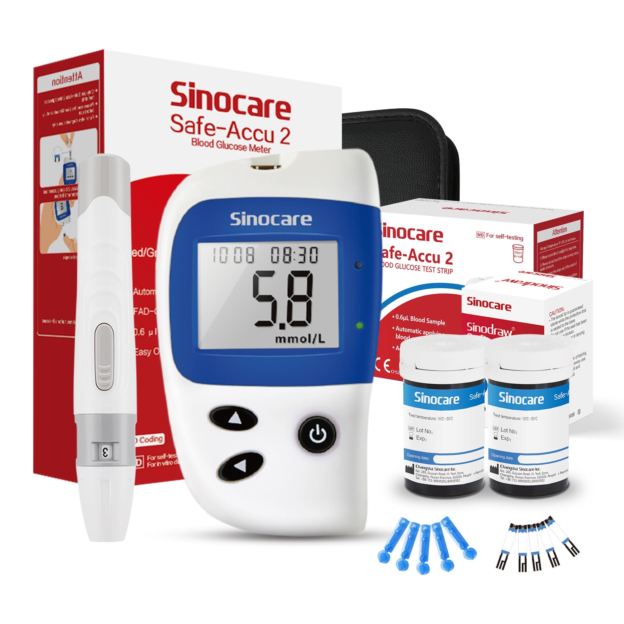 Sinocare Safe Accu 2 Blutzuckermessgerät mit fortschrittlicher Technologie, 200 Speicher zum Erkennen von Wertänderungen | 1 Stück Meter + 50 Stück × (Streifen + Lanzetten) | mmol/L