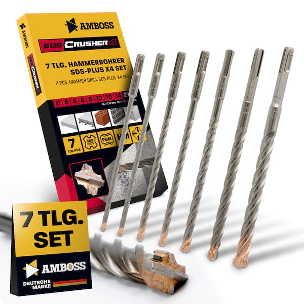 SDS+ Hammerbohrer Set 7tlg. 4X Schneiden PGM Ø 6-14mm x 210mm – AMBOSS Werkzeuge SDS Crusher 4 – HM Betonbohrer Hartmetall Profi Bohrer – Stahlbeton Steinbohrer Beton Mauerwerk Ziegel Kalksandstein