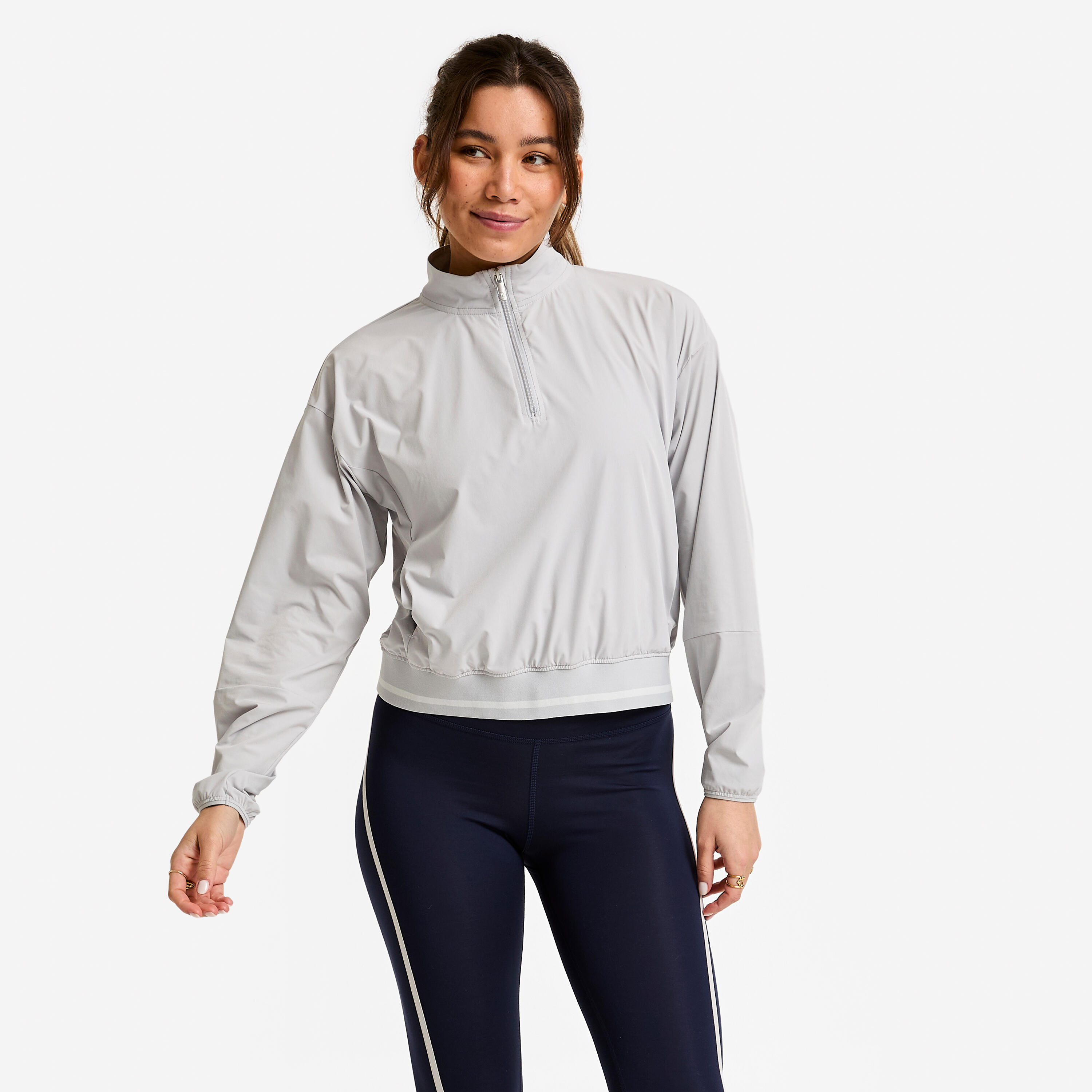 Sweatshirt Damen halber Reißverschluss Webstoff – grau