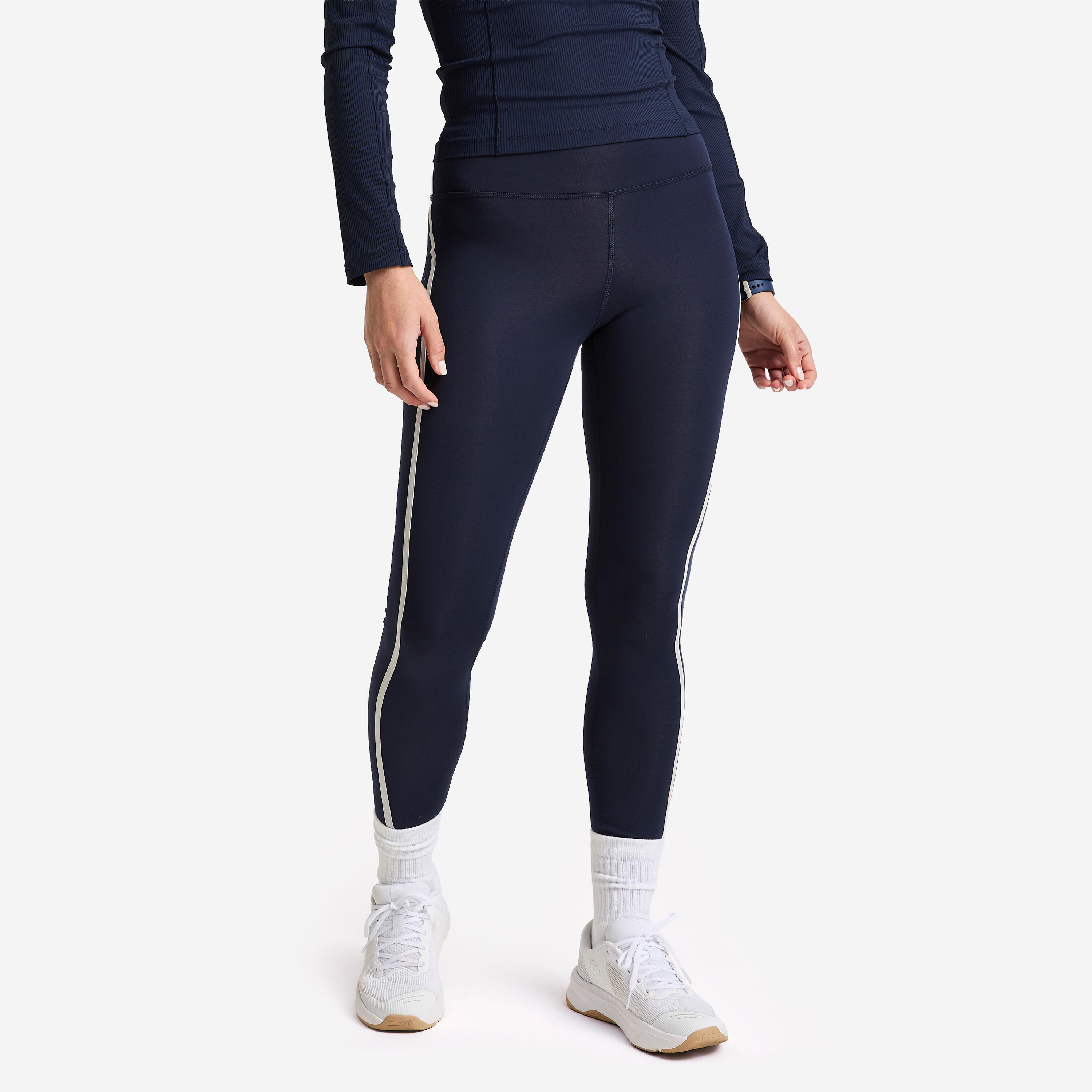 Leggings Damen Streifen hoher Bund – dunkelblau