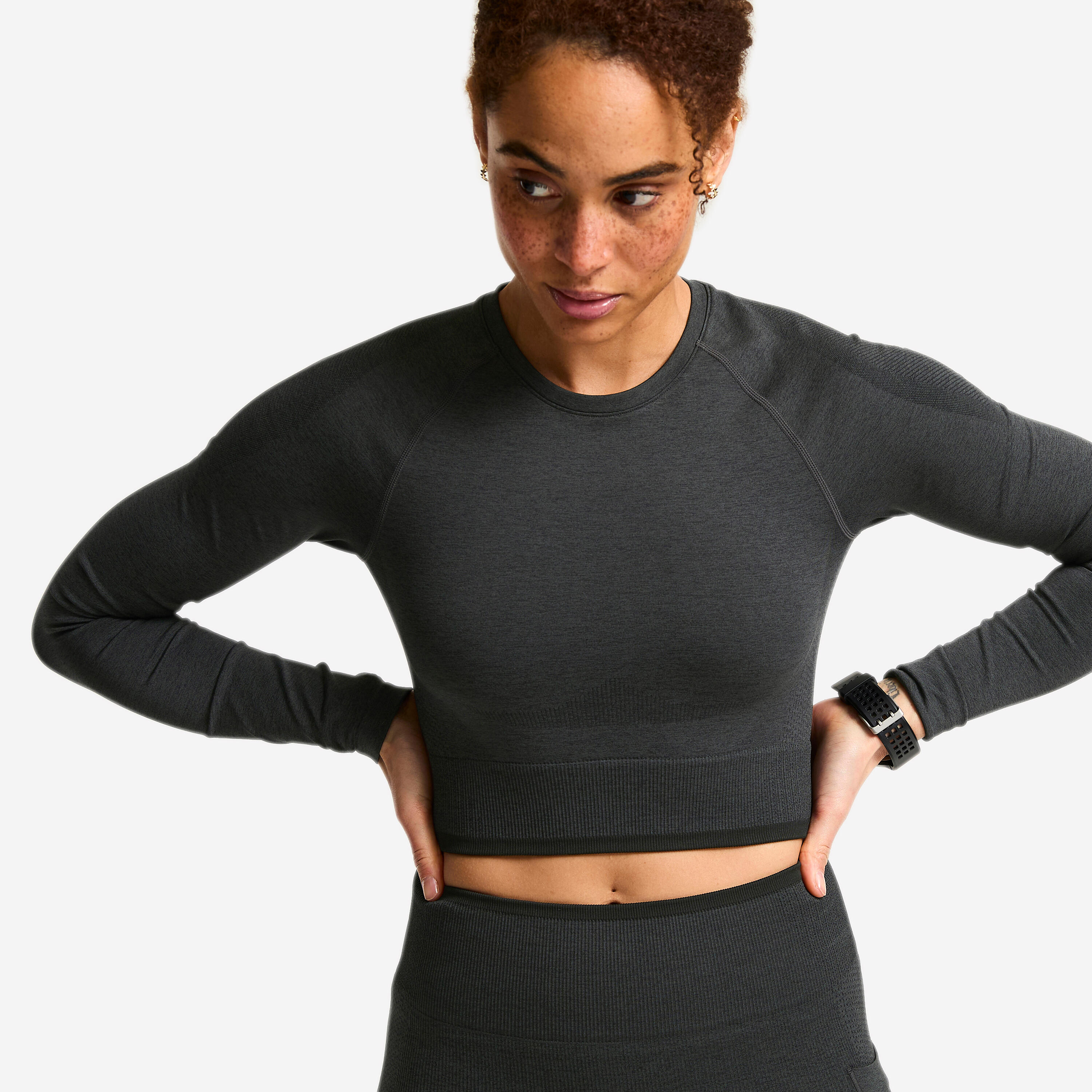 Crop Top Damen langarm – grau/schwarz