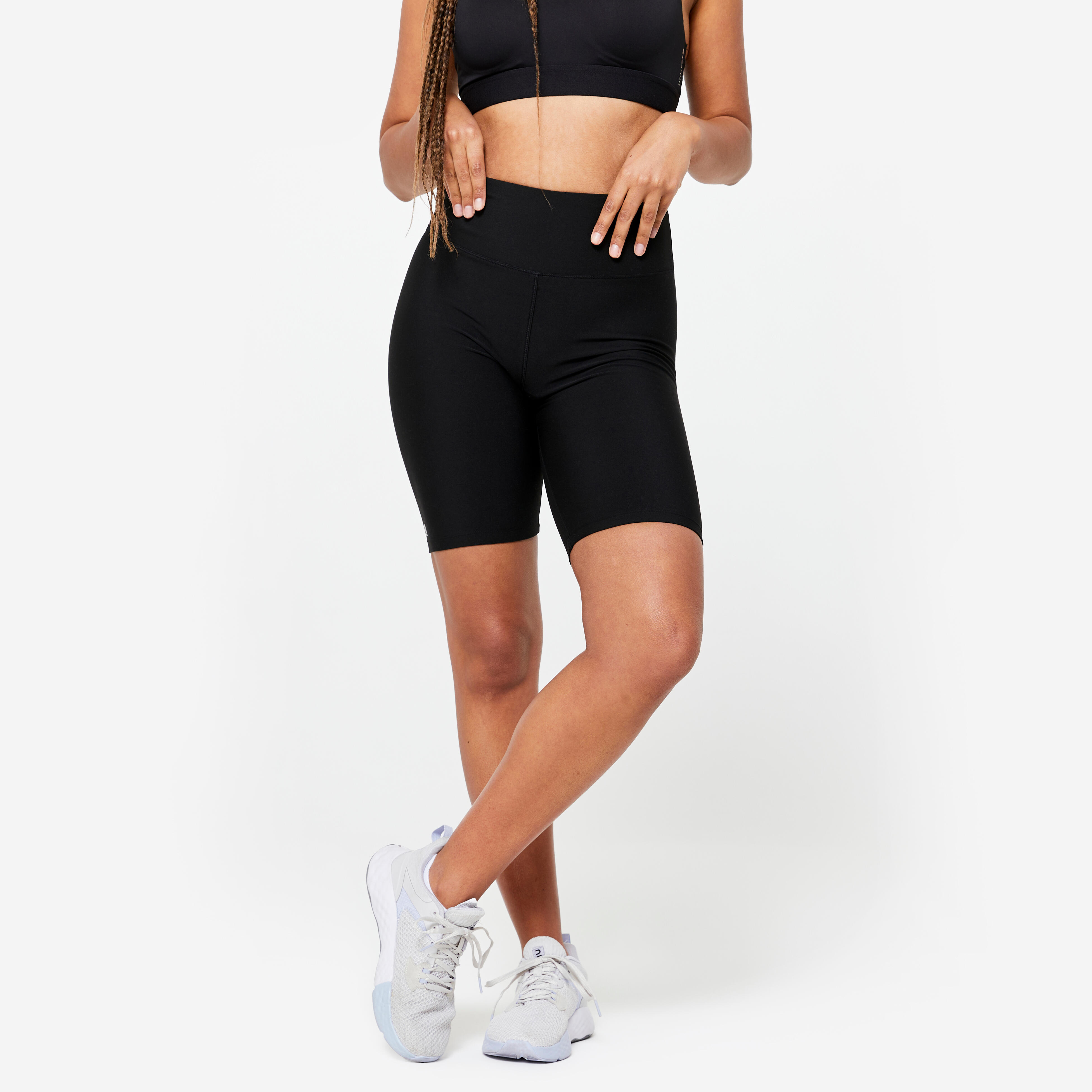 Radlerhose mit hohem Bund Fitness Cardio Damen – schwarz