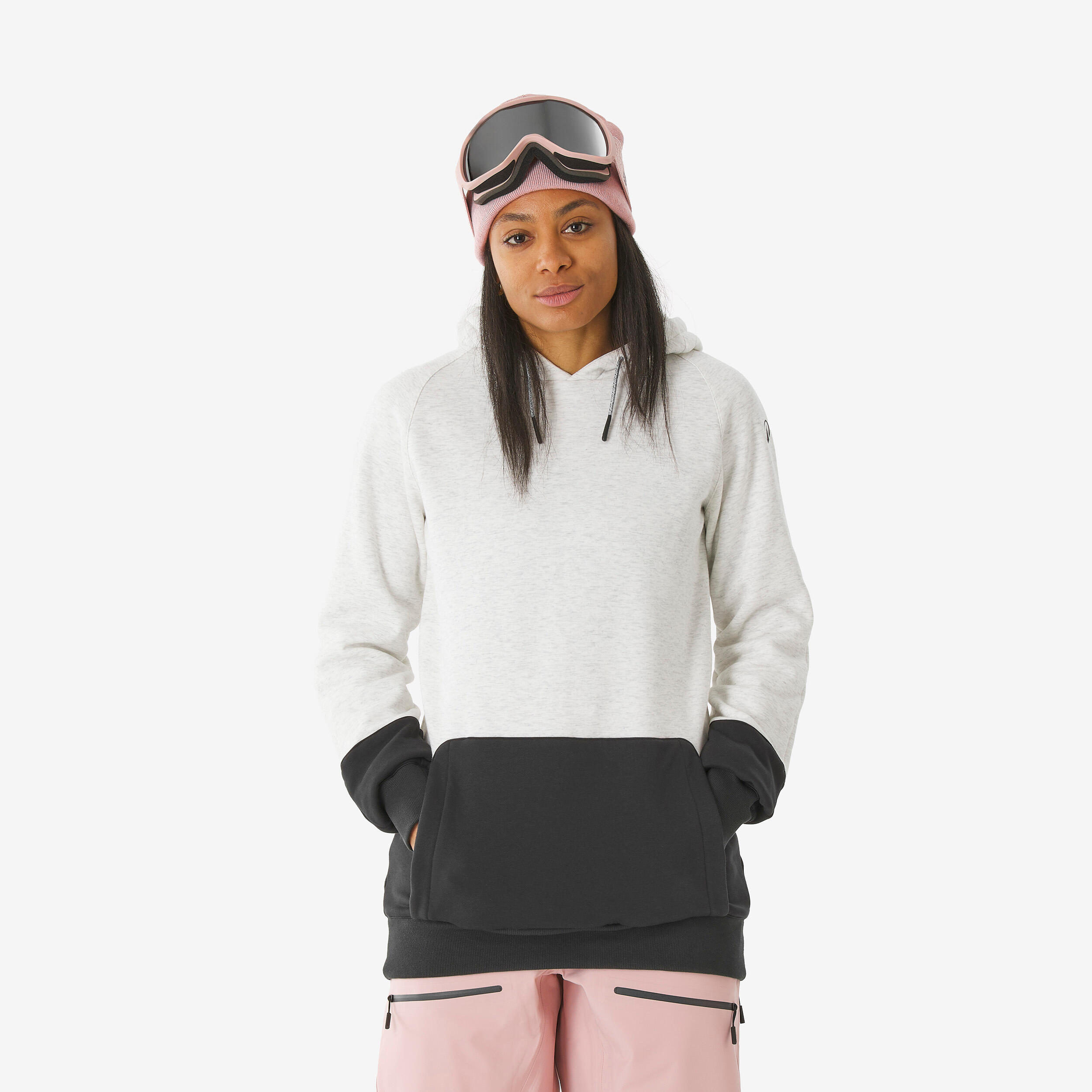 Skipullover Damen mit Kapuze warm bequem – 100 beige/schwarz