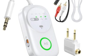 Bluetooth 5.4 Sender und Empfänger, 2-in-1 Bluetooth Adapter für 2 Bluetooth Kopfhörer gleichzeitig, eingebautes Mikrofon, 3,5 mm Audiostecker für Flugzeug, TV, Auto, PC, Fitnessstudio, Heimstereo