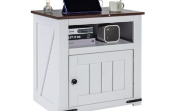 VEVOR Farmhouse Beistelltisch, quadratischer Nachttisch mit USB-Anschlüssen und Steckdosen, 3-stufiger Beistelltisch mit Aufbewahrungsschrank, ideal für Wohnzimmer Schlafzimmer Büro, weiß