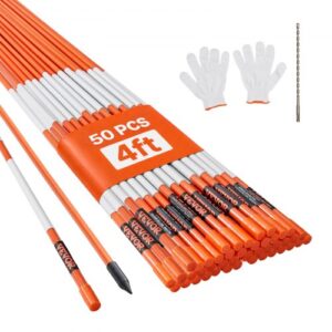 VEVOR Einfahrtsmarkierungen, 50 Stk. 121,92 cm, 1,02 cm Durchmesser, orangefarbene Glasfaserstangen, Schneepfähle mit reflektierendem Band, 30,48 cm Stahlbohrer und Schutzhandschuhe für Parkplätze, Ge