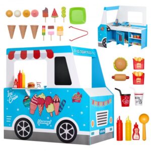 VEVOR Eiswagen für Kinder, über 20 Zubehörteile, Eisdiele aus Holz mit Lenkrad und Tafel, Zahlungsscanner und Gefrierschrank, Wasserhahn und Spüle, geeignet für Kinder von 3-7 Jahren, blau