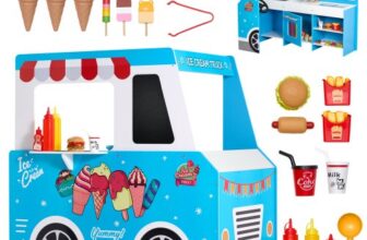 VEVOR Eiswagen für Kinder, über 20 Zubehörteile, Eisdiele aus Holz mit Lenkrad und Tafel, Zahlungsscanner und Gefrierschrank, Wasserhahn und Spüle, geeignet für Kinder von 3-7 Jahren, blau