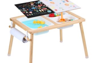 VEVOR Sensorischer Tisch Aktivitätstisch für Kinder mit 3 faltbaren Aufbewahrungsbehältern & Papierrollenhalter, Sand- und Wassertisch sensorischer Zeichentisch aus Holz, Geschenke für Kinder