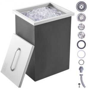 VEVOR Drop-in-Eisbox, 25,3 L Edelstahl-Eiskühler, 355 x 305 x 461 mm Kommerzieller Eisbehälter mit Abdeckung, Eingebaute Eisspeichertruhe, Abflussrohr und Ablassstopfen im Lieferumfang Enthalten
