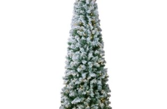 VEVOR Weihnachtsbaum, 0,53 x 1,98 m, beflockter Christbaum, Naturgetreuer Tannenbaum mit 250 weißen LED-Lichtern, 814 Zweigspitzen, Metallsockel für die Dekoration zu Hause, Partys & im Büro