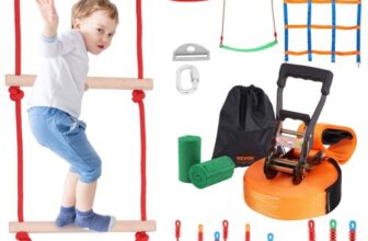 VEVOR Ninja Slackline Hindernisse Set 15,24 m Slacklines, 226,8 kg Tragkraft Ninja Hinderniskurs, Outdoor-Spielset-Ausrüstung, Hinterhofspielzeug-Trainingsausrüstungsset mit 10 Hindernissen