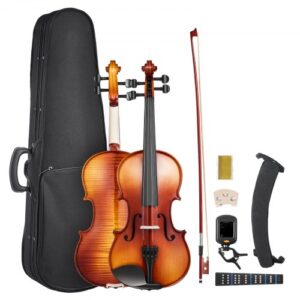 VEVOR Violine 4/4, 584,2 mm Armlänge, Geigenset mit Hartschalenkoffer, Kolophonium, Bogen, Schulterstütze, Steg, zusätzlichen Saiten, Massivholzinstrument (glänzend braun gemustert)