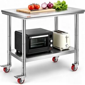 VEVOR Arbeitstisch 91 x 60 x 85 cm Edelstahl Catering Arbeitstisch Belastbarkeit 136,08 kg, Lebensmittel Zubereitungstisch mit Nachlauf Gewerbliche Arbeitstisch für Küche Bar 4 verstellbare Füße