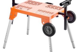 VEVOR Gehrungssägenständer mit Tischplatte & Rädern 150 kg Tragkraft, zusammenklappbarer Rollständer aus Stahl für Gehrungssägen, einstellbare Höhe & Länge, tragbarer Gehrungssägenständer
