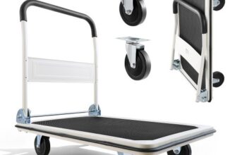 VEVOR Plattformwagen Klappbar 300 kg, Transportwagen mit Lenkrolle, Handwagen Ladefläche mit Anti-Rutsch-Beschichtung, Transporthilfe für Einfache Aufbewahrung, 900x610x870 mm Rollwagen