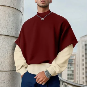 INCERUN Herren Falsches Zwei-Teile-Patchwork Langarm-Pullover Hoodie Bequem Crew Neck Top für Männer