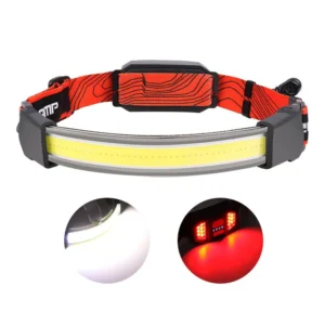 COB LED-Stirnlampe mit rotem Strobe-Warnlicht, USB-aufladbar. Rotes Flutlicht perfekt zum Radfahren und Arbeiten.