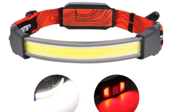 COB LED-Stirnlampe mit rotem Strobe-Warnlicht, USB-aufladbar. Rotes Flutlicht perfekt zum Radfahren und Arbeiten.