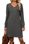 Strickkleid Damen Langarm Kleider Pulloverkleid Herbst Minikleider Grau S