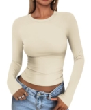 Cuptacc Top Damen Langarm Slim Fit Round Neck Langarmshirt Aprikose L,
