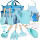 cossy Gartenset für Kinder, 13-teilige Gartenwerkzeug Set, Gartengeräte für Kinder Kleinkinder Jungen & Mädchen, Inklusive Tragetasche, Gießkanne, Schaufeln, Rechen, Gartenhandschuhe, Schürze, Blau,