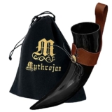 Mythrojan Trinkhorn mit Lederhalter, authentisch mittelalterlich inspirierter Wikinger-Tasse (braun, 650 ml),