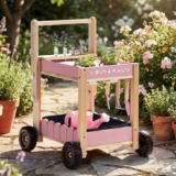 ROBOTIME Holz Gartenwagen für Kinder, Outdoor Garten-Trolley mit 4 Pflanzbechern & 4 Hydroponik-Reagenzgläsern, Gießkanne, 3 Gartengeräten, Pflanzenetiketten & Pflanzprotokollkarten ab 3 Jahren (Rosa),