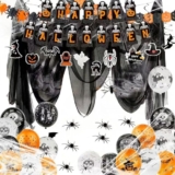 Efymosce Halloween Deko Innen Set, Halloween Banner, Spinnenweben Deko, Gruselige Party Dekoration mit Wiederverwendbarer Girlande, Banner, Luftballons, Fledermaus, Geist, Kürbis für Türdeko
