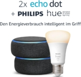 as Smart-Home-Set: 2 x Echo Dot (3. Gen.), Anthrazit Stoff + Philips Hue White Smart Bulb (E27), Funktionert mit Alexa