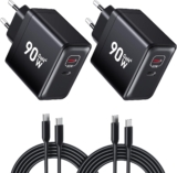 HSSNS 90W USB C Ladegerät, 2-Pack 2 Port Schnellladegerät mit Kabel, GaN PD Charger für iPhone 17/16/15 Series, MacBook Pro, iPad, Galaxy, Pixel und mehr