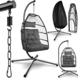 tectake® Hängesessel mit Gestell, Dicke Kissen, Möbel, Deko für Wohnzimmer, Jugendzimmer, Balkon, Outdoor oder Indoor Schaukel Sessel, Kinder & Erwachsene, belastbar bis 160kg – dunkelgrau