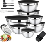 BEWOS 7-teiliges Rührschüssel Set mit Deckel – Rührschüsseln Edelstahl mit Reibe, nistend Design & Spülmaschinenfest, Größen 0.74, 1.16, 1.59, 2.00, 2.75,3.38, 4.54 QT zum Mischen & Servieren,
