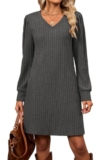 Strickkleid Damen Langarm Kleider Pulloverkleid Herbst Minikleider Grau S,